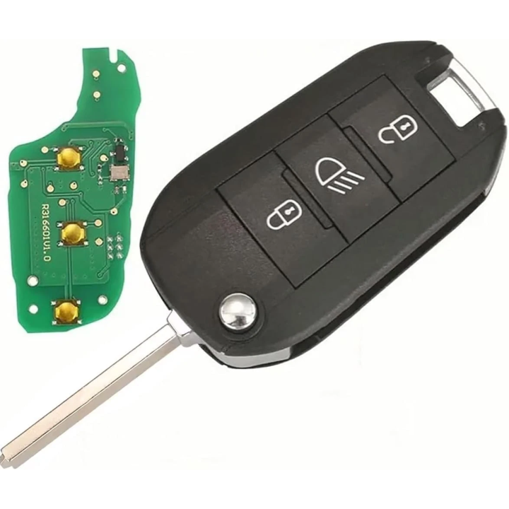 Clé vierge Peugeot 3 boutons avec bouton phare – transpondeur ID46, 433 MHz, lame VA2